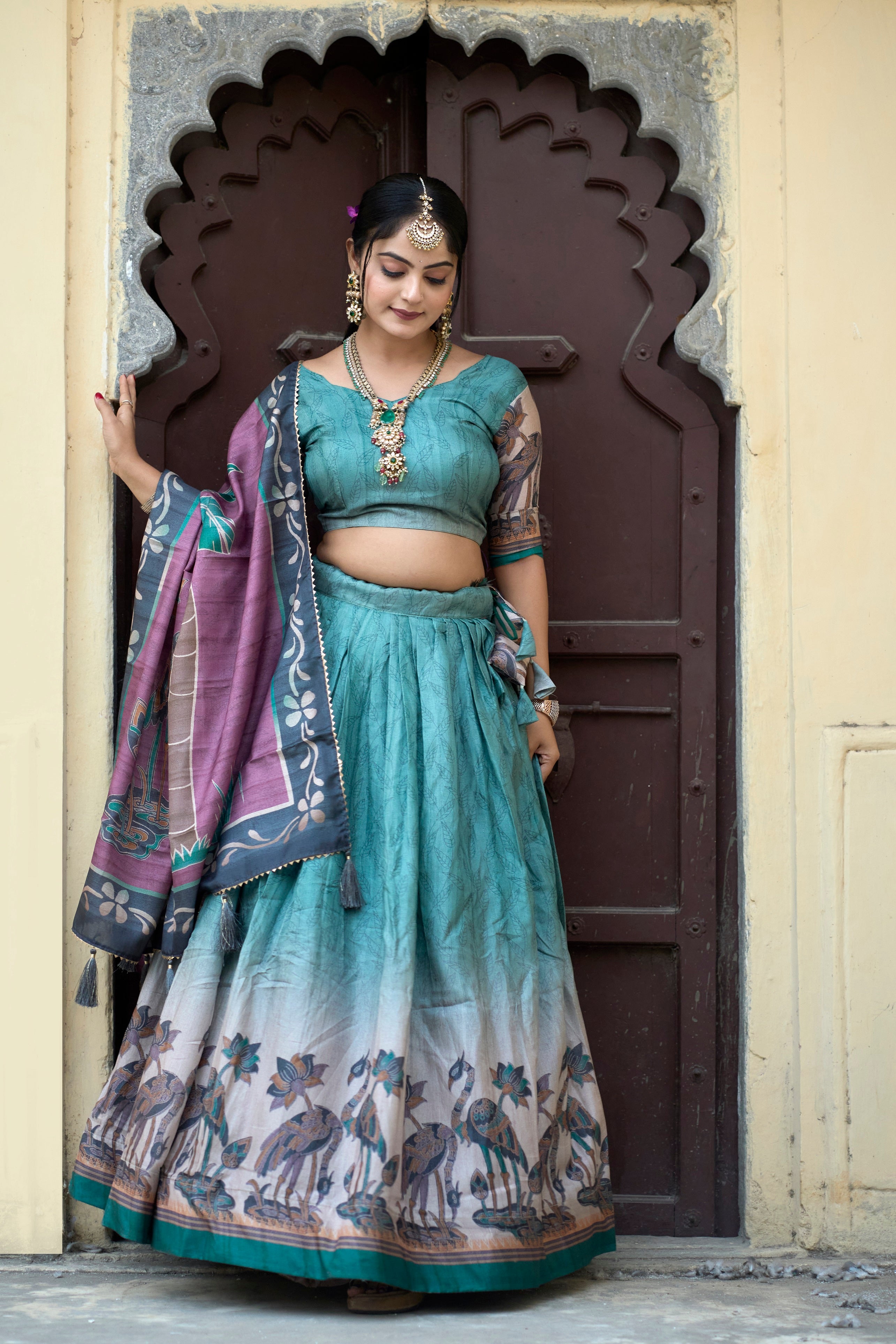 Vedant Vastram Fully Printed Pure Manipuri Silk Lehenga Choli With Blouse & Dupatta - Rama - Distacart