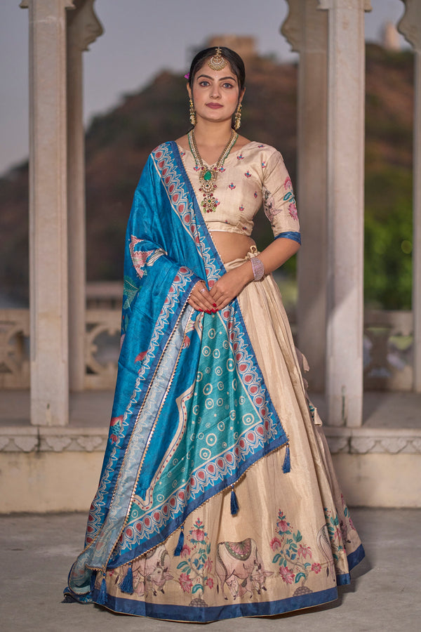 Vedant Vastram Fully Printed Pure Manipuri Silk Lehenga Choli With Blouse & Dupatta - Beige - Distacart