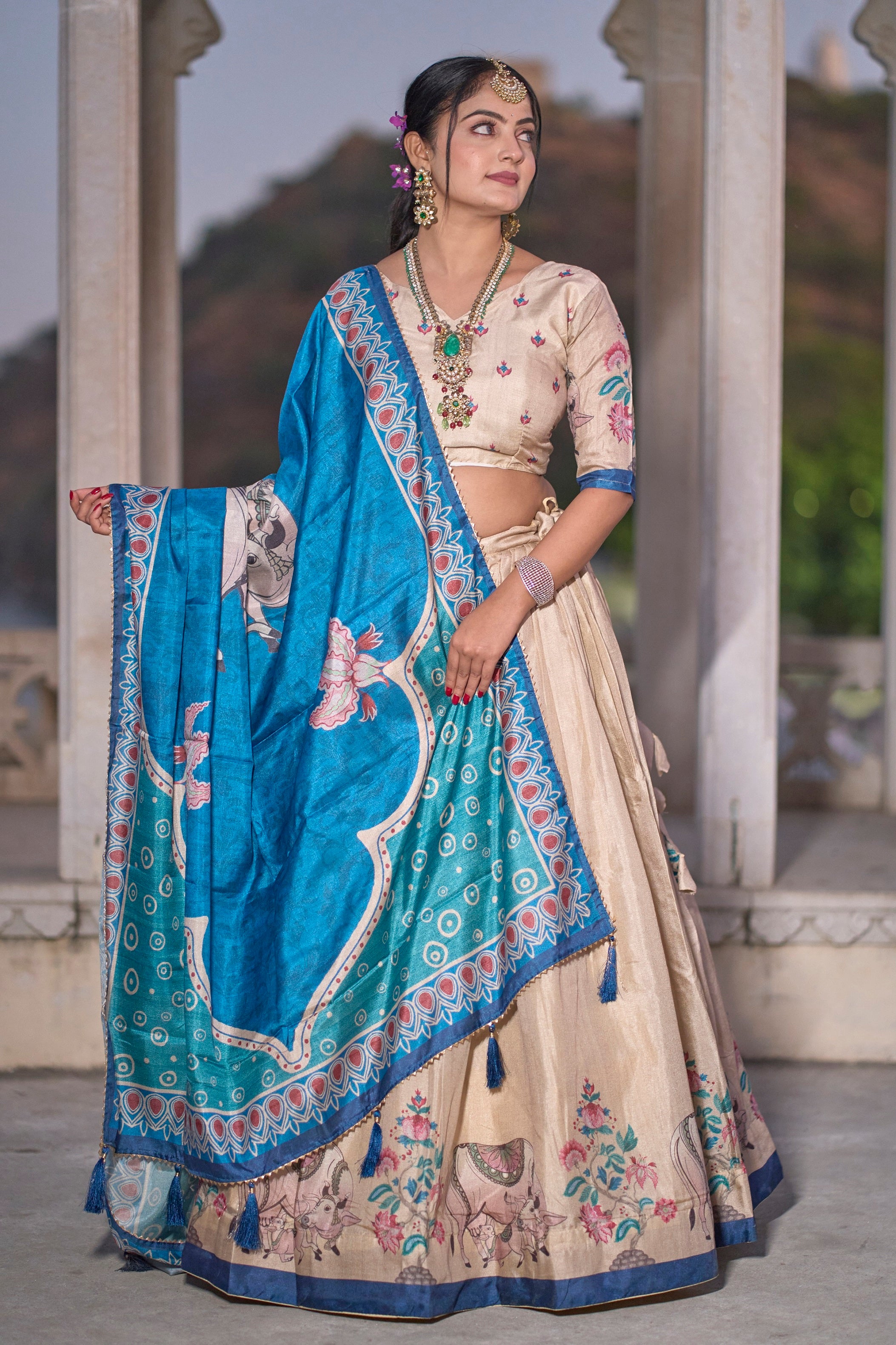 Vedant Vastram Fully Printed Pure Manipuri Silk Lehenga Choli With Blouse & Dupatta - Beige - Distacart