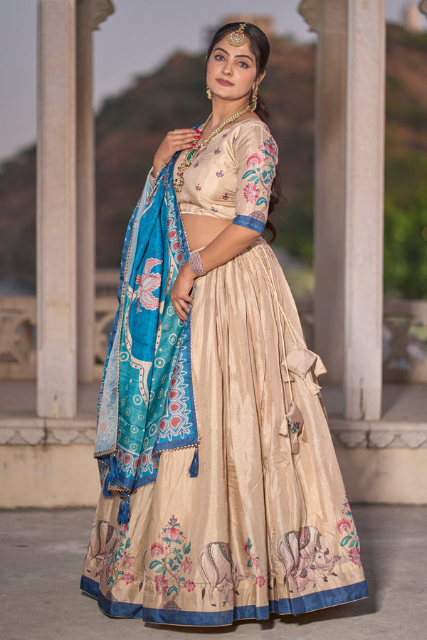 Vedant Vastram Fully Printed Pure Manipuri Silk Lehenga Choli With Blouse & Dupatta - Beige - Distacart
