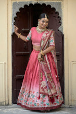 Thumbnail for Vedant Vastram Fully Printed Pure Manipuri Silk Lehenga Choli With Blouse & Dupatta - Peach - Distacart