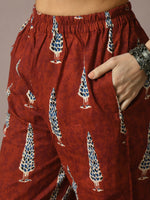 Thumbnail for Myshka Women's Rust Printed Cotton Straight Party Kurta Set With Dupatta - Distacart