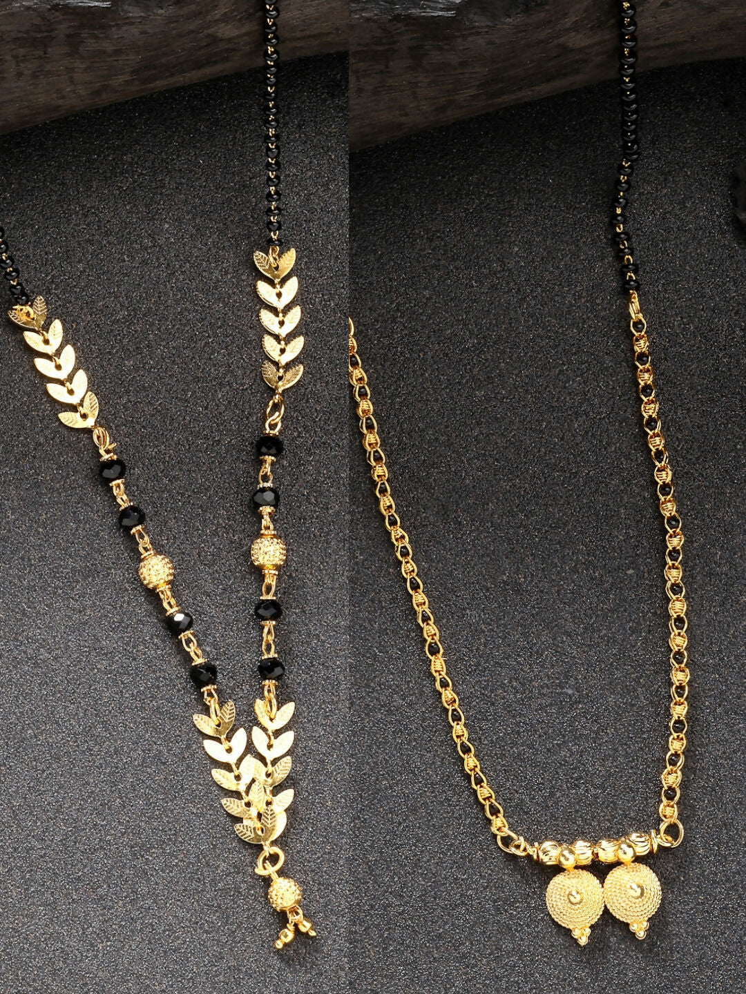 NVR Women's Set of 2 Gold-Plated Black Beaded Mangalsutra