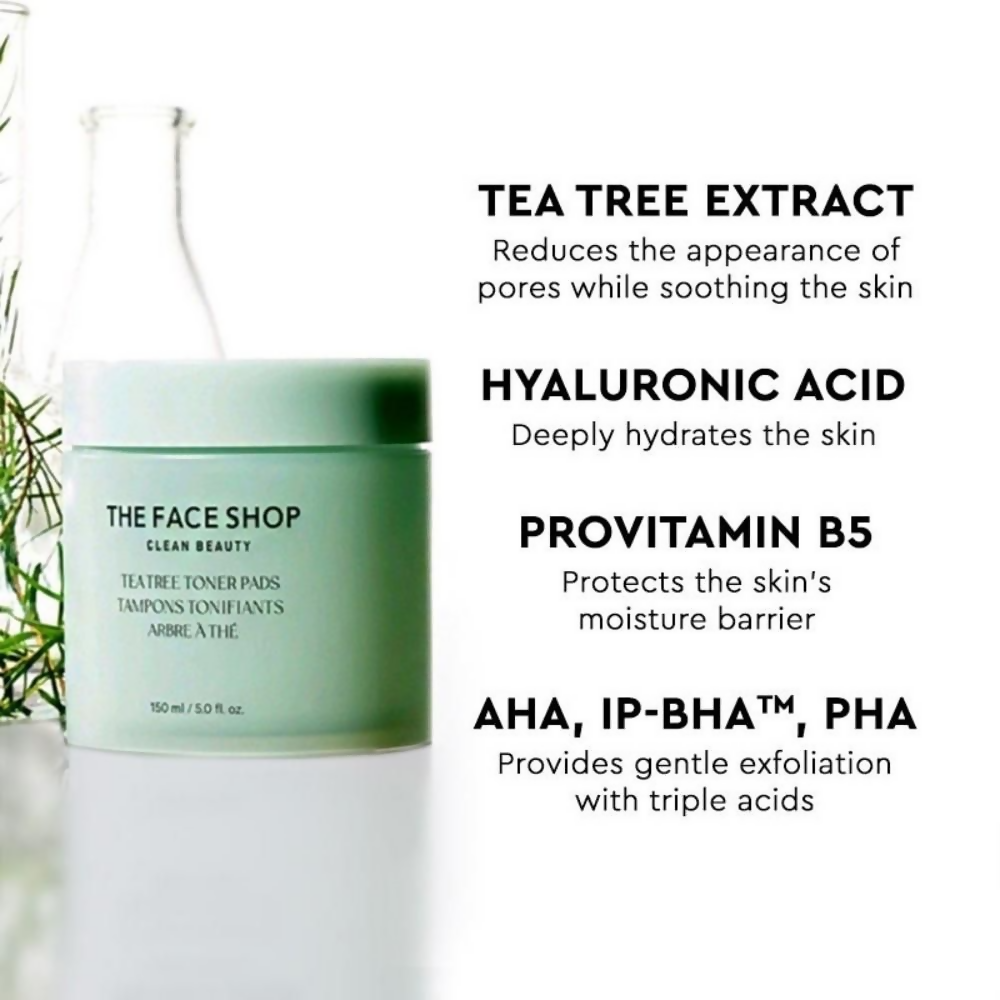 The Face Shop Tea Tree Toner Pads For Acne & Oily Skin With AHA, Ip BHA, PHA & Hyaluronic Acid - Distacart