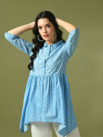 Thumbnail for Myshka Women's Blue Embellished Cotton Gathered Party Empire Top - Distacart