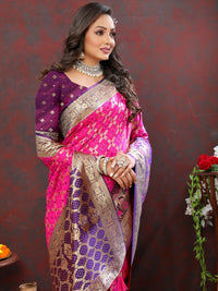 Thumbnail for Vastranavya Pink Soft Patola Silk With Meenakari Weaving Motifs And Rich Zari Weaving Pallu Saree With Matching Blouse Fabric - Distacart