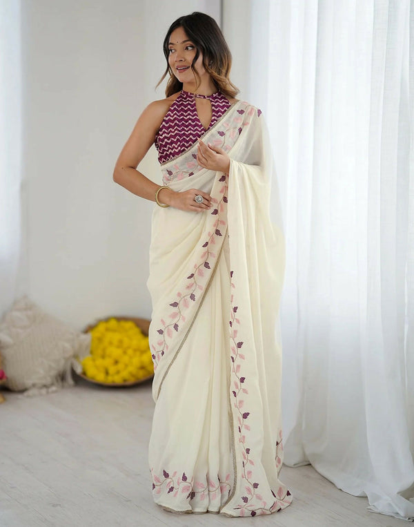Joban Fashion Silk Off White Color Embroidery Saree
