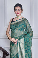 Thumbnail for Morchari Green Script Printed Orzanga Saree Unstitched Blouse