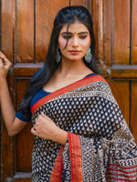 Thumbnail for Zibaa Hand-Blocked Pure Maheshwari Silk Navy Blue Saree