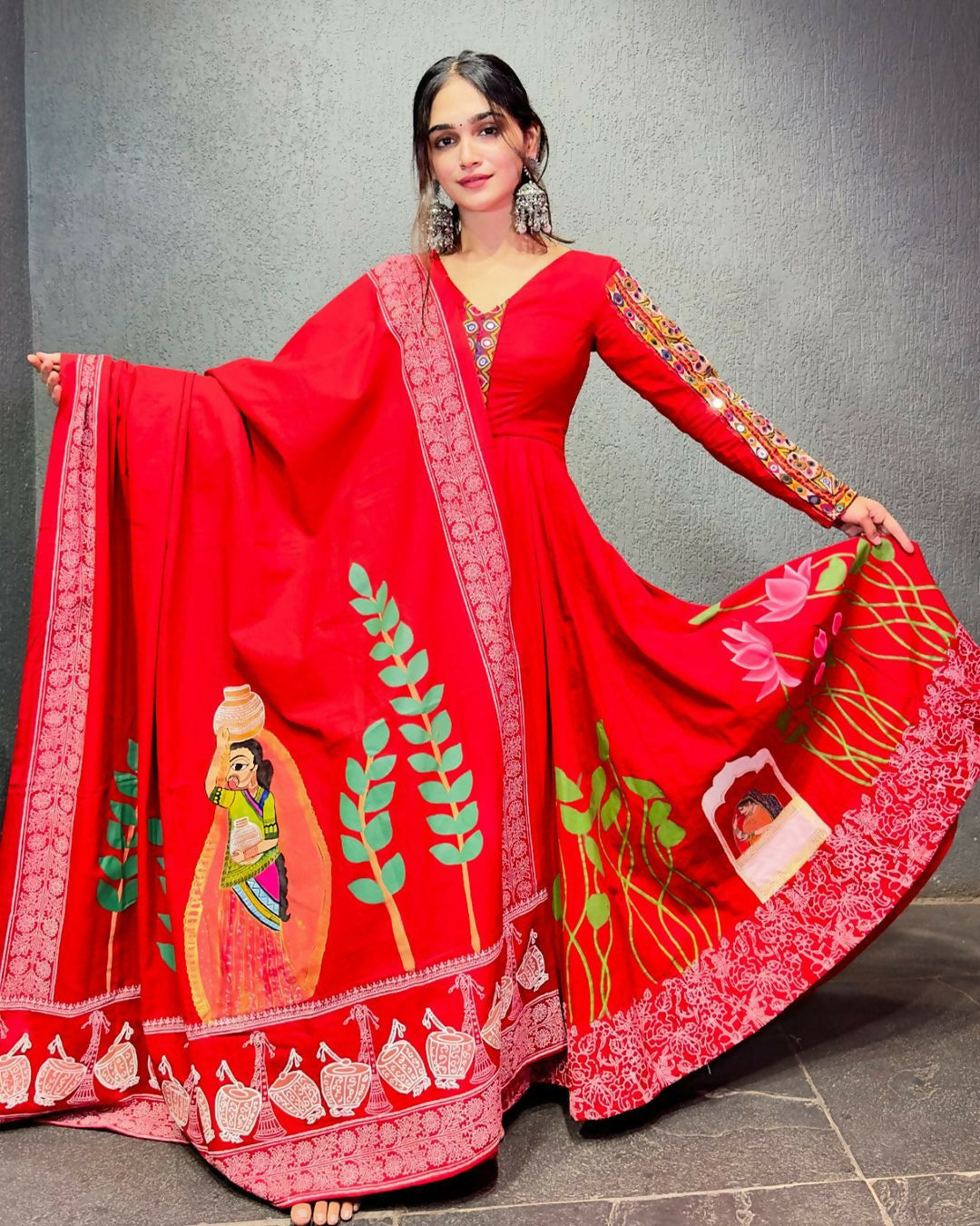 Preksha Creation Navratri Special Women Gown Digital Print With Real Mirror Work With Dupatta - Red