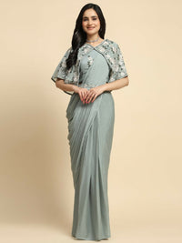 Thumbnail for Sea Green Chiffon Solid Ready to wear Saree with stitched Blouse - Aayan - Distacart