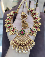 Thumbnail for Jewel City Antique Gold Lakshmi Coin Choker Necklace Set with Ruby Red & Emerald Green Stones | Pearl Drop Temple Jewelry