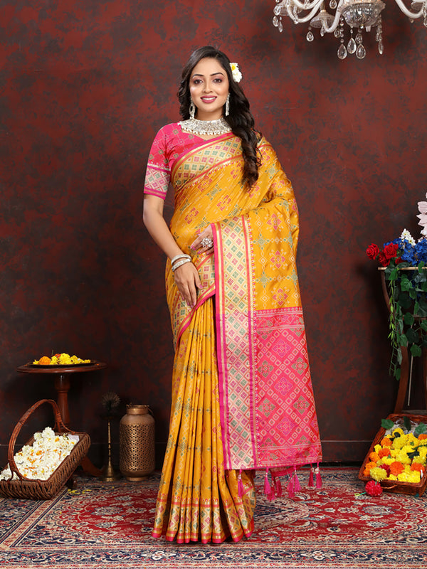 Lorenvalley Fashion Gold Patola Silk Woven Design with Zari Meenakari Weaving motifs Pallu Saree - Distacart