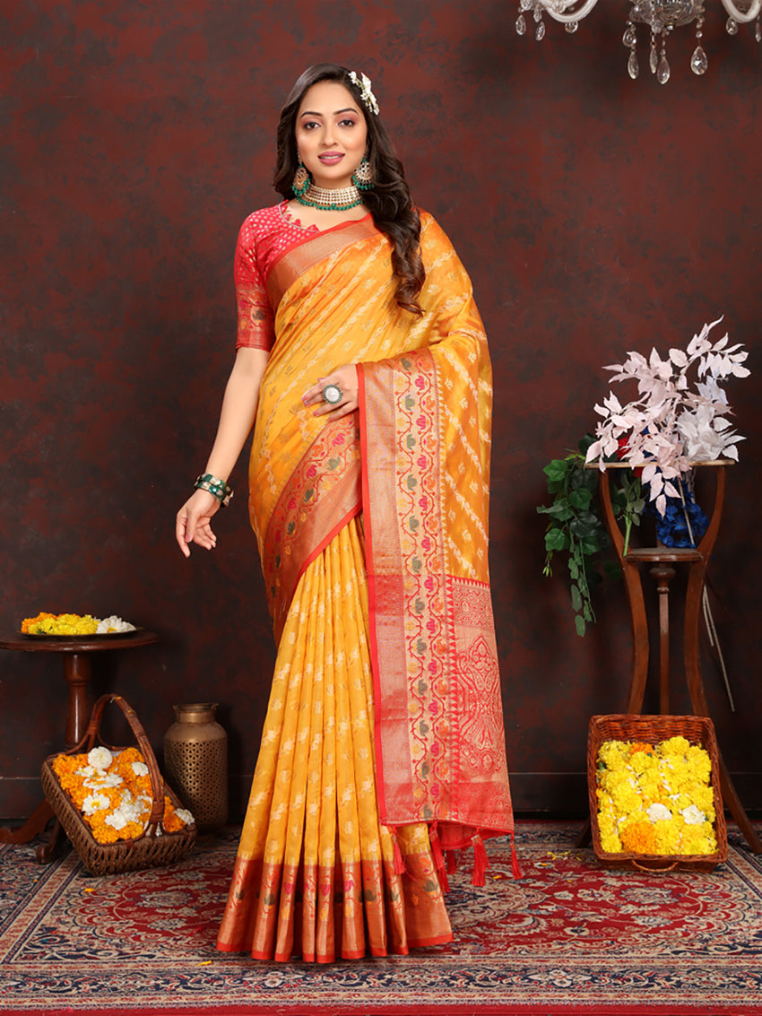 Lorenvalley Fashion Gold Organza Silk Woven Design with Rich Meenakari Weaving Pallu Saree