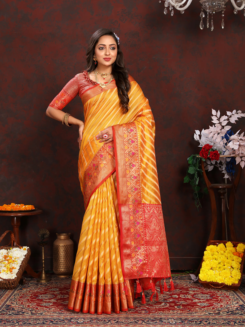 Lorenvalley Fashion Gold Organza Silk Woven Design with Rich Meenakari Weaving Pallu Saree