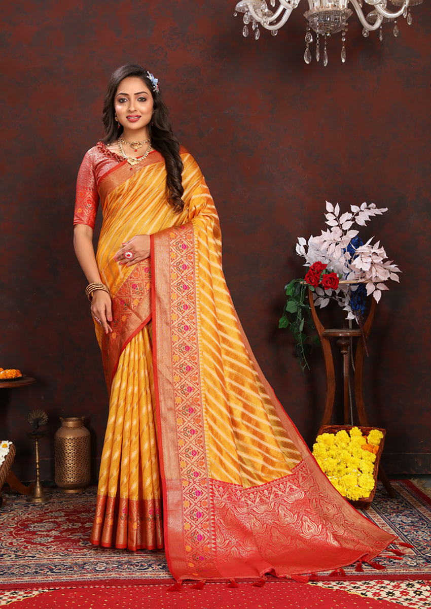 Lorenvalley Fashion Gold Organza Silk Woven Design with Rich Meenakari Weaving Pallu Saree