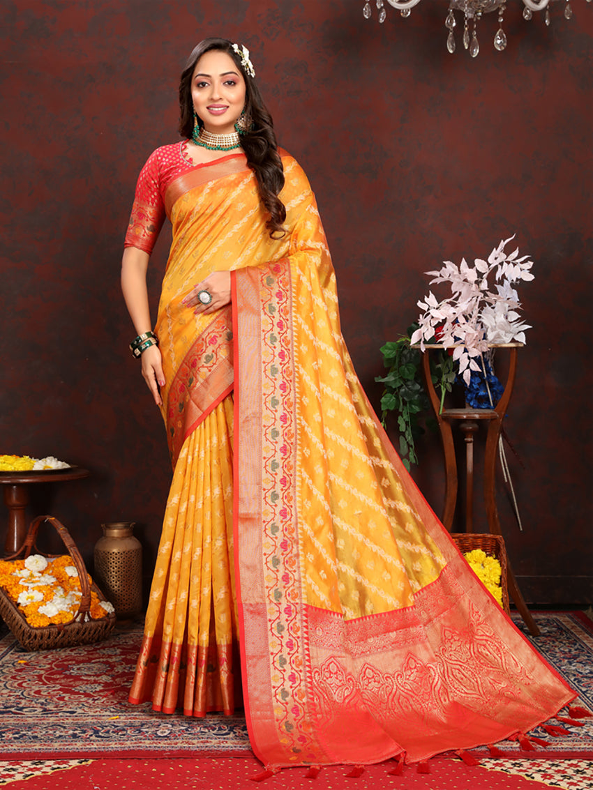 Lorenvalley Fashion Gold Organza Silk Woven Design with Rich Meenakari Weaving Pallu Saree