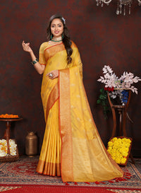 Thumbnail for Lorenvalley Fashion Gold Soft Katan Silk Woven Design Zari Weaving Pallu Saree
