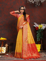 Thumbnail for Lorenvalley Fashion Gold Organza Silk Woven Design with Rich Meenakari Weaving Pallu Saree - Distacart