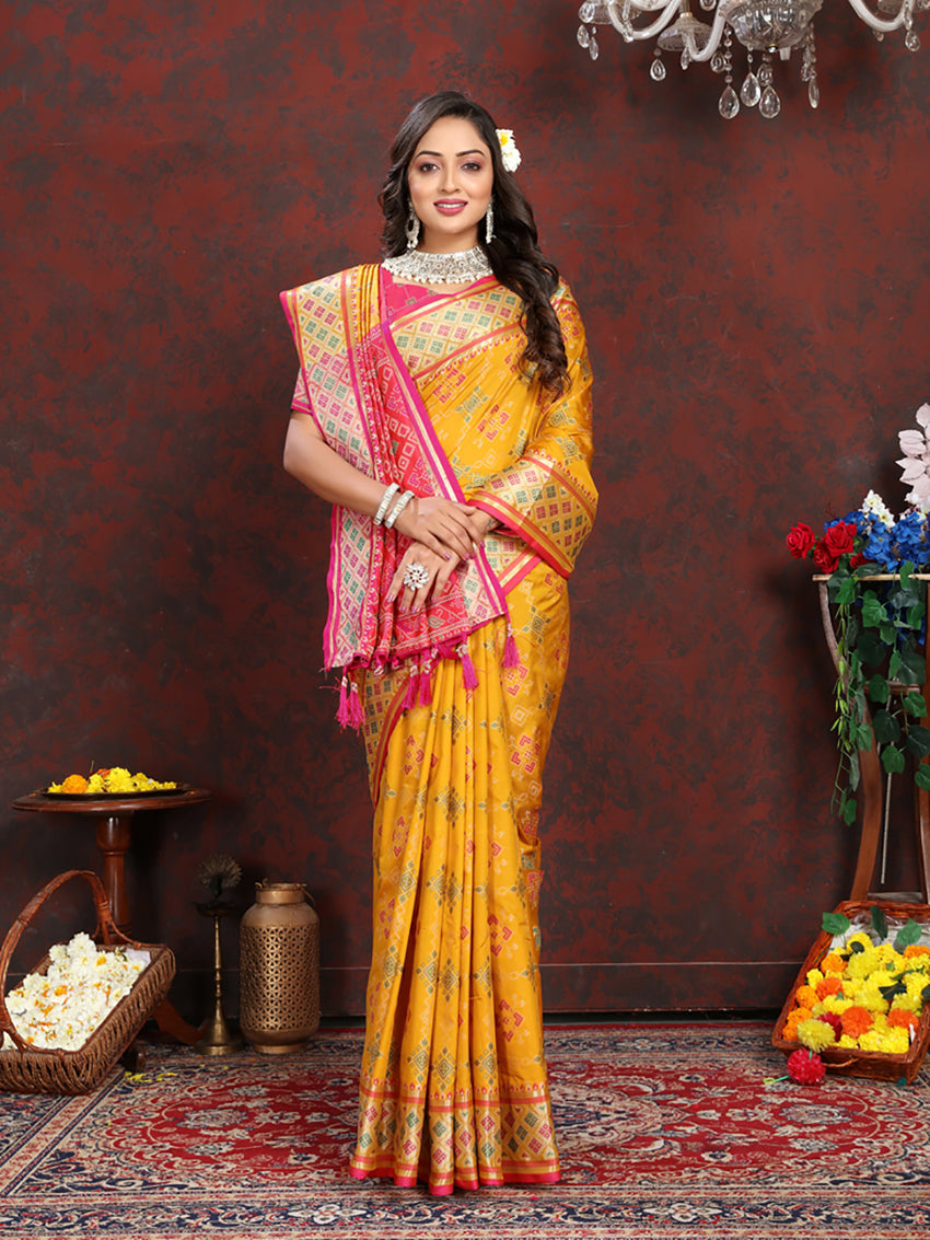 Lorenvalley Fashion Gold Patola Silk Woven Design with Zari Meenakari Weaving motifs Pallu Saree