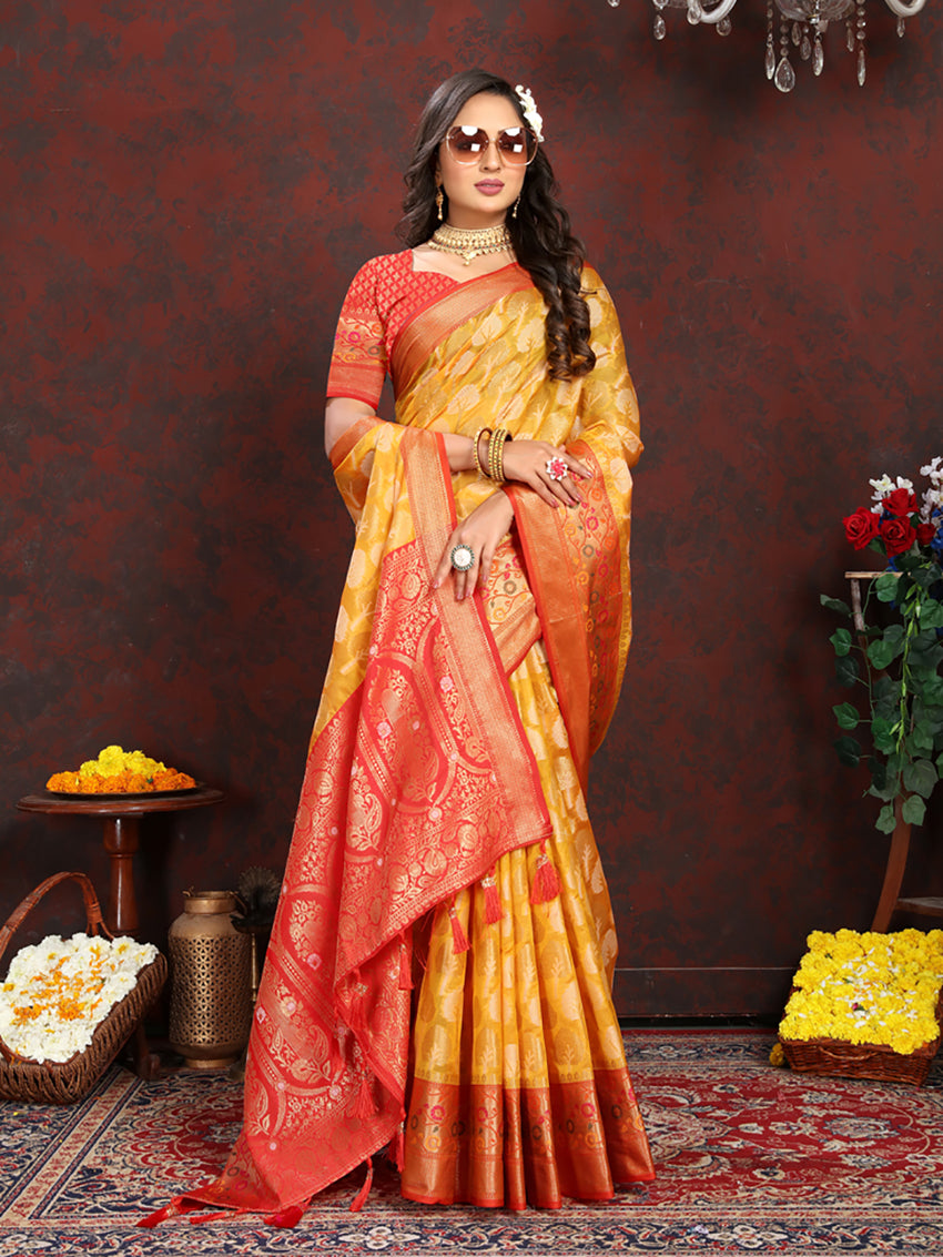 Lorenvalley Fashion Gold Organza Silk Woven Design with Rich Meenakari Weaving Pallu Saree