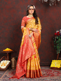 Thumbnail for Lorenvalley Fashion Gold Organza Silk Woven Design with Rich Meenakari Weaving Pallu Saree