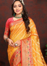 Thumbnail for Lorenvalley Fashion Gold Organza Silk Woven Design with Rich Meenakari Weaving Pallu Saree - Distacart