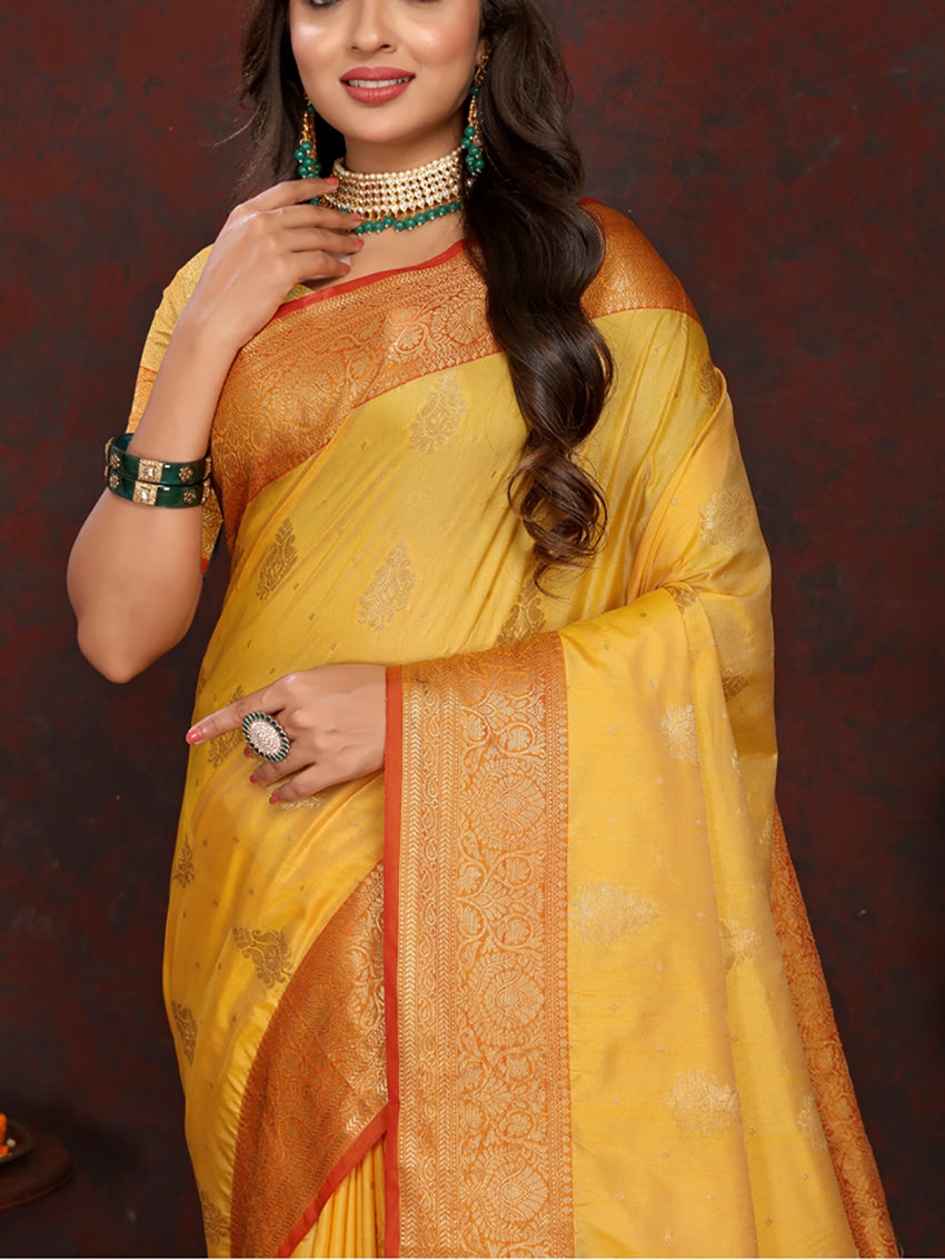 Lorenvalley Fashion Gold Soft Katan Silk Woven Design Zari Weaving Pallu Saree