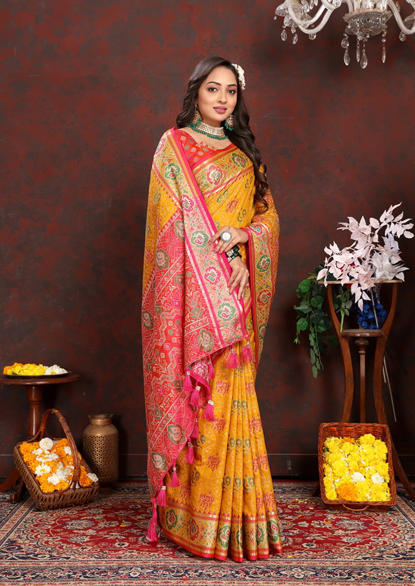 Lorenvalley Fashion Gold Patola Silk Woven Design with Zari Meenakari Weaving motifs Pallu Saree - Distacart