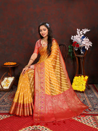 Thumbnail for Lorenvalley Fashion Gold Organza Silk Woven Design with Rich Meenakari Weaving Pallu Saree