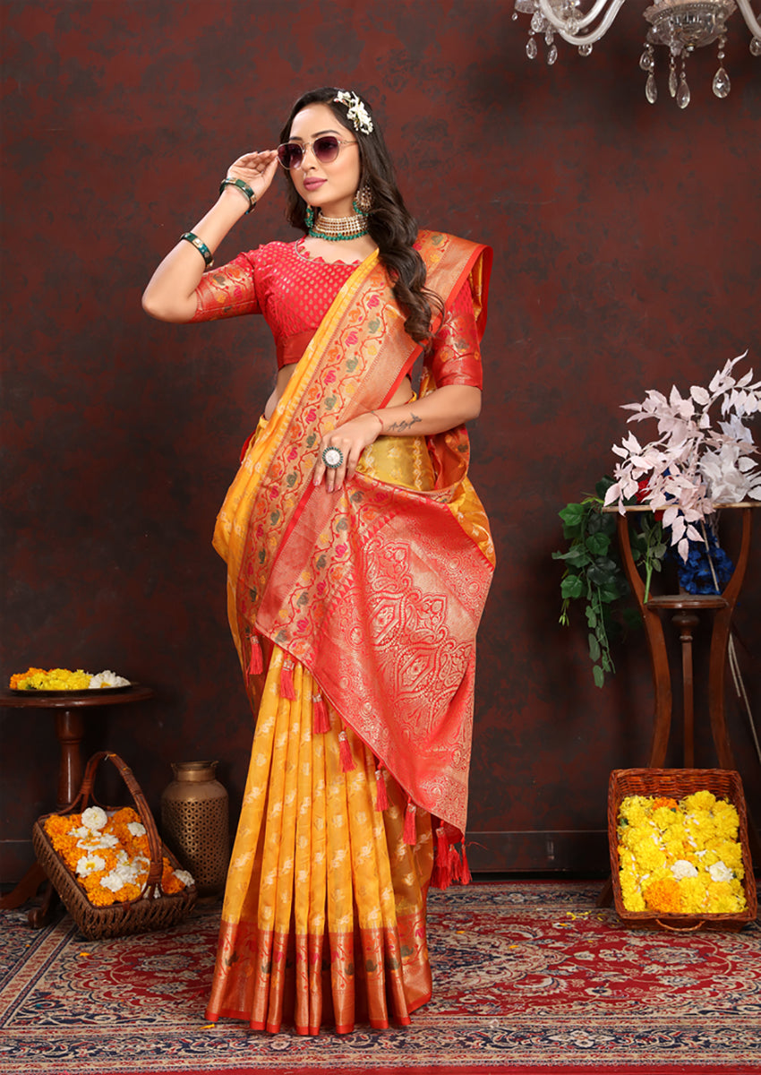 Lorenvalley Fashion Gold Organza Silk Woven Design with Rich Meenakari Weaving Pallu Saree