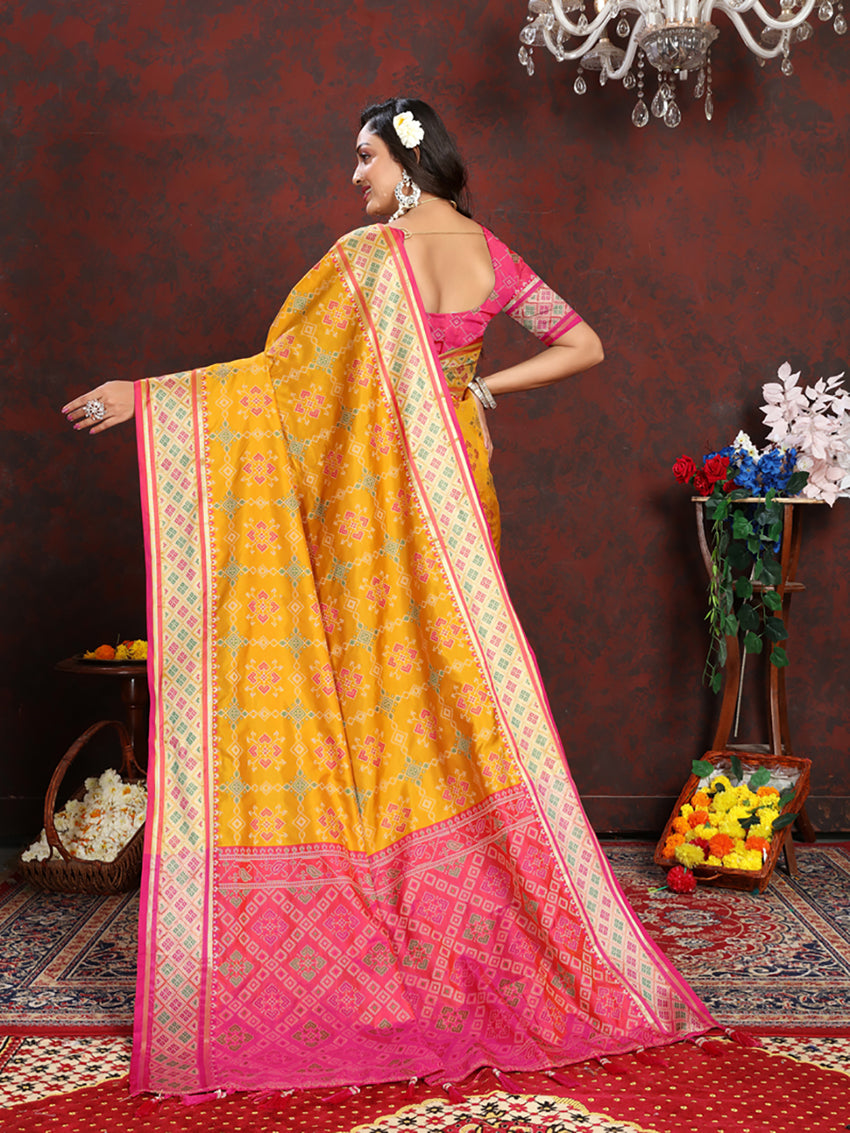 Lorenvalley Fashion Gold Patola Silk Woven Design with Zari Meenakari Weaving motifs Pallu Saree