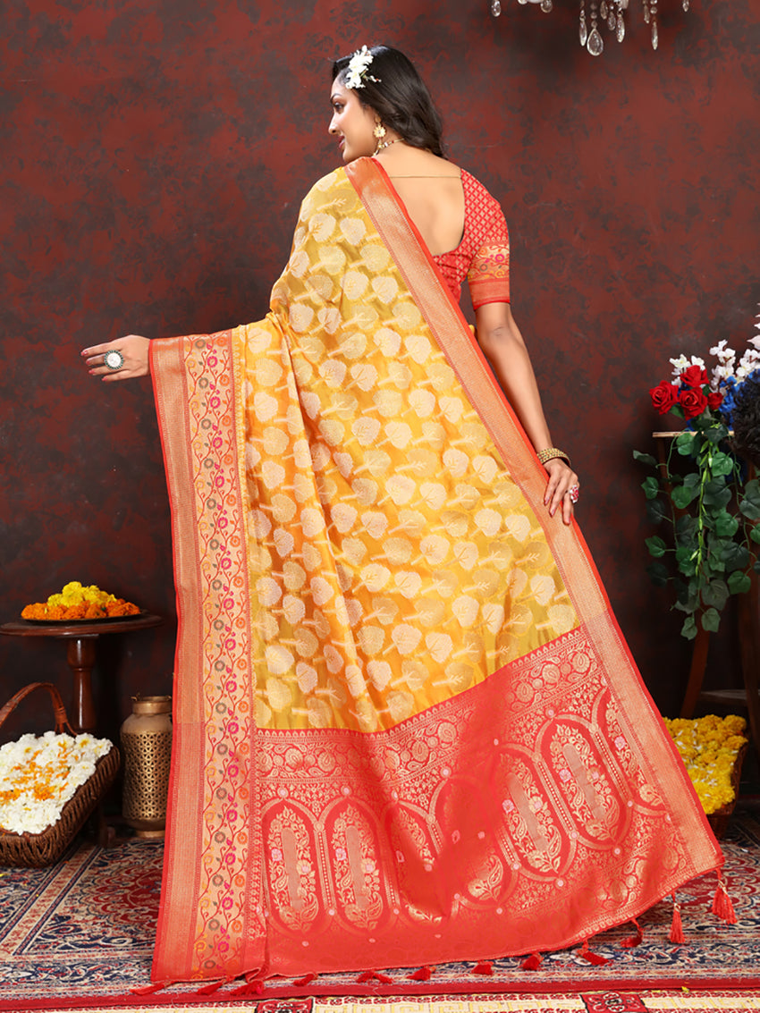 Lorenvalley Fashion Gold Organza Silk Woven Design with Rich Meenakari Weaving Pallu Saree