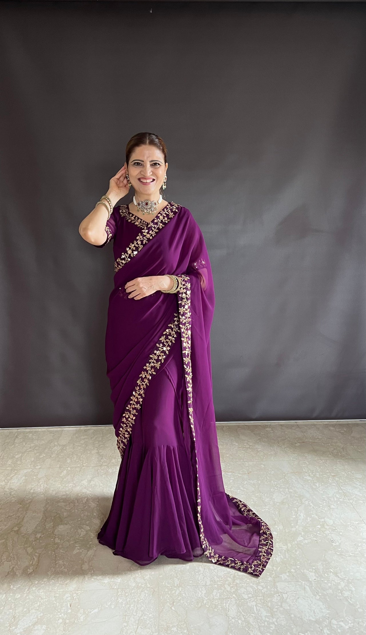 Teeya Creation Rani Color Faux Georgette Fabric Heavy Embroidery Work Gown Style Fully Stitched Saree