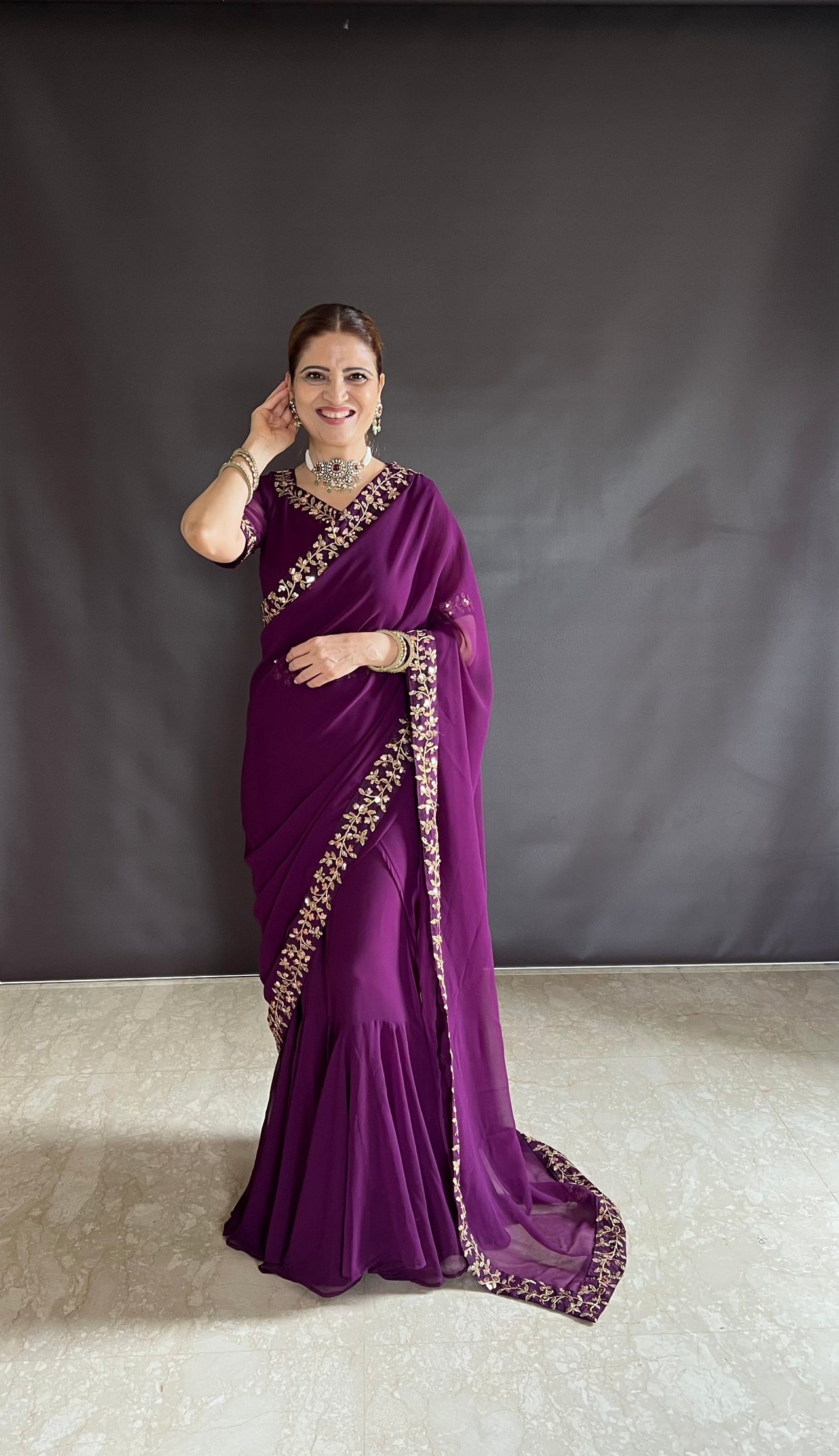 Teeya Creation Rani Color Faux Georgette Fabric Heavy Embroidery Work Gown Style Fully Stitched Saree