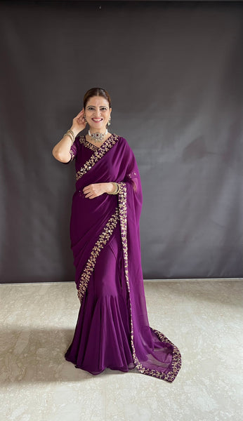 Teeya Creation Rani Color Faux Georgette Fabric Heavy Embroidery Work Gown Style Fully Stitched Saree