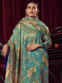 Thumbnail for Aastha Fashion Women's Turquiose Organza Jacquard Woven Kurta with Trouser & Dupatta - Distacart
