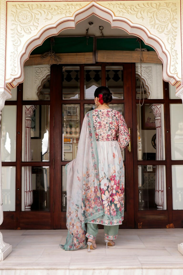 Vaasva Women Maroon Muslin Floral Printed Alia Cut Kurta, Pant & Dupatta set - Distacart