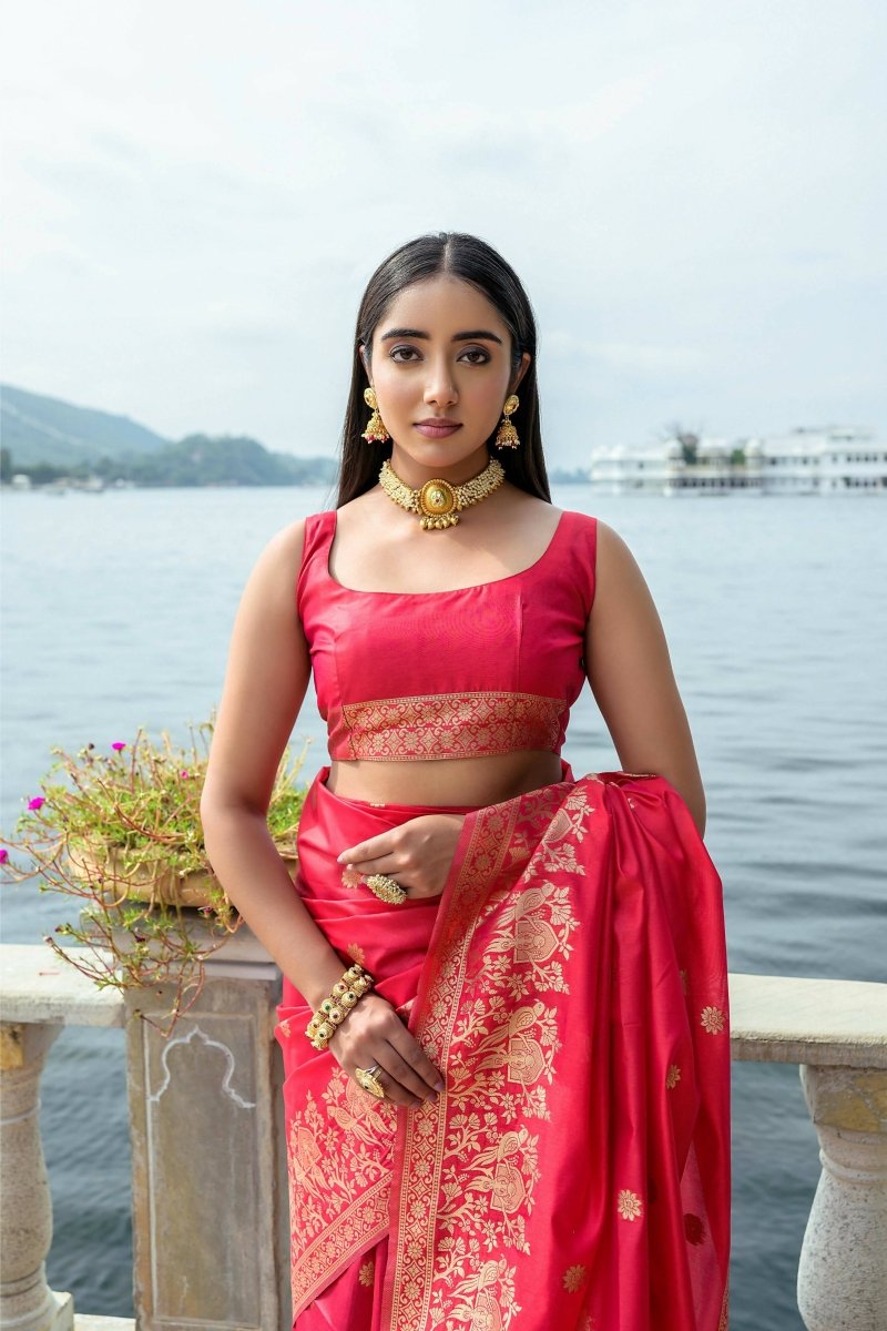 Aastha Fashion Red Woven Soft Silk Saree with Blouse - Distacart
