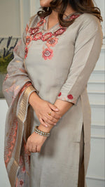 Thumbnail for Lorenvalley Fashion Grey Roman Silk Embroidery Multi with Sequence Work Kurta Pant with Dupatta