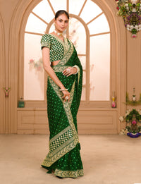 Thumbnail for Teeya Creation Green Color Chinnon Silk Heavy Embroidery Work Saree