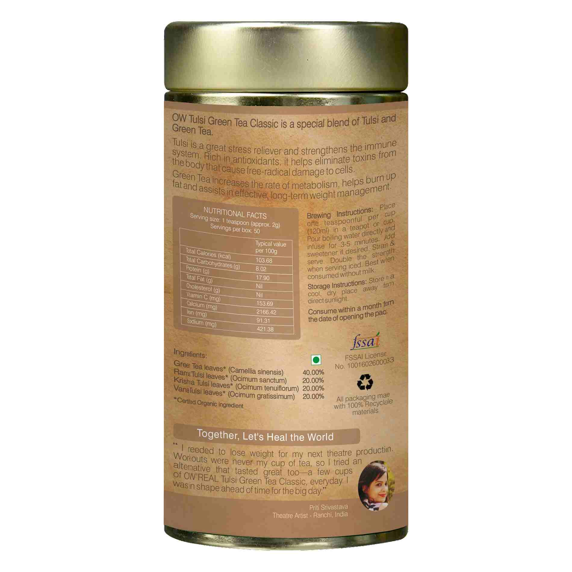 Organic Wellness Ow'Real Tulsi Green Tea Classic Tin - Distacart