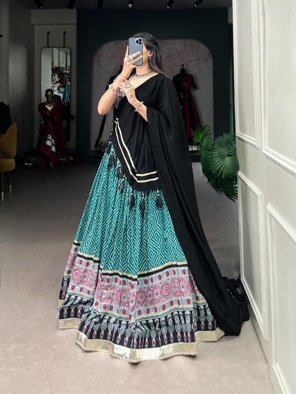Lorenvalley Green Rayon with Bandhej And Ajarakh Print With Embossed Design Gota Lace Touch up Lehenga Choli - Distacart