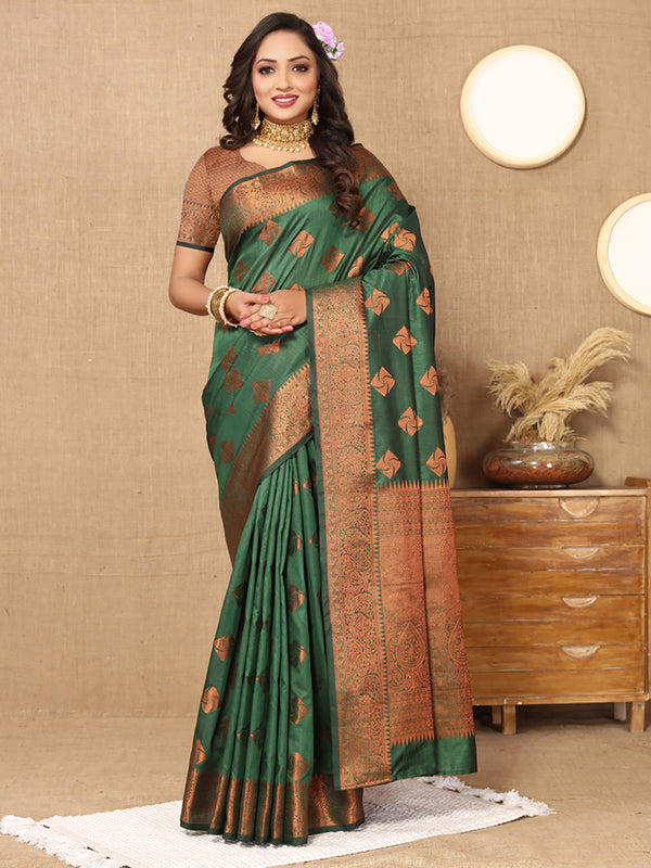 Lorenvalley Fashion Green Soft Katan Silk Woven Design Copper Zari Weaving Saree - Distacart