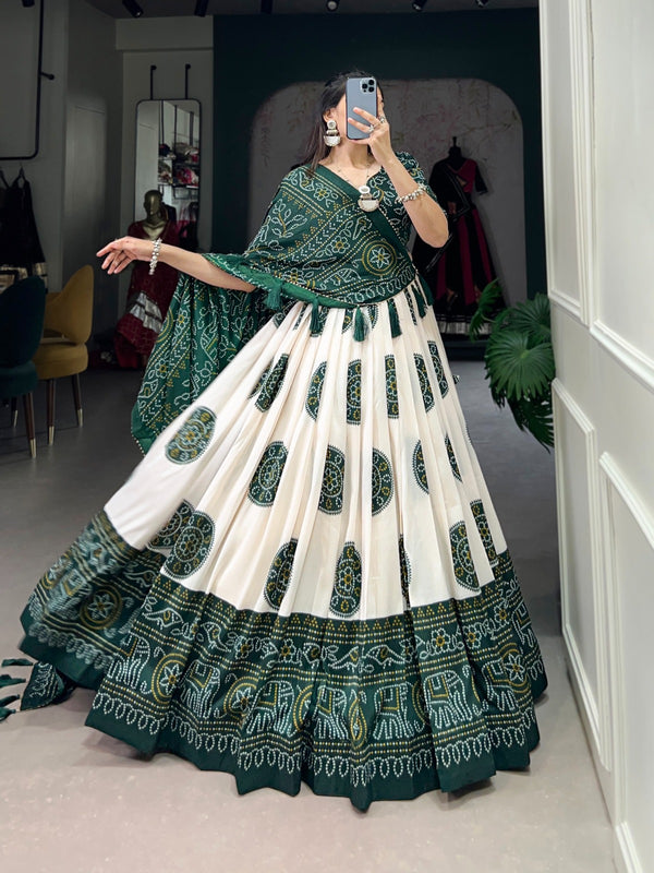 Lorenvalley Green Tussar Silk with Bandhej Print Lehenga Choli - Distacart