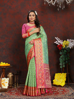 Thumbnail for Lorenvalley Fashion Green Organza Silk Woven Design with Rich Meenakari Weaving Pallu Saree - Distacart