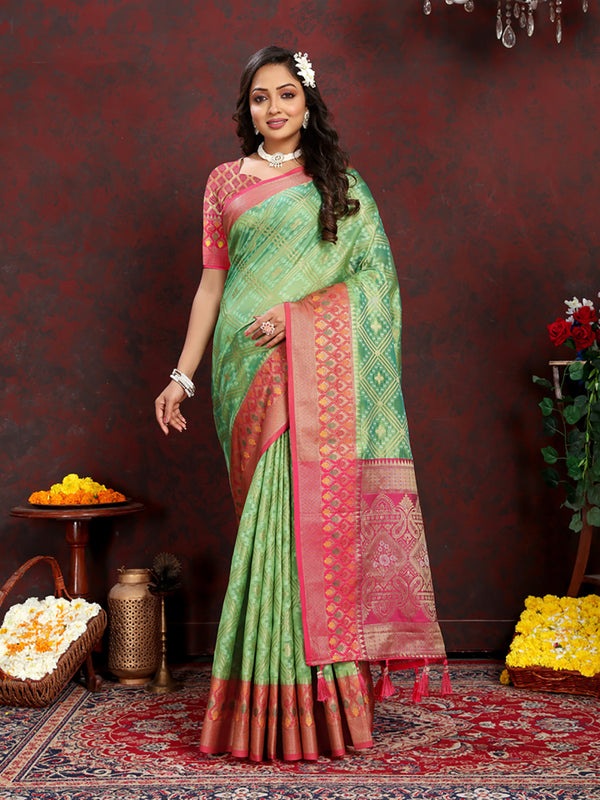 Lorenvalley Fashion Green Organza Silk Woven Design with Rich Meenakari Weaving Pallu Saree - Distacart