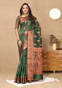 Thumbnail for Lorenvalley Fashion Green Soft Katan Silk Woven Design Copper Zari Weaving Saree
