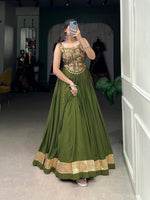 Thumbnail for Lorenvalley Pure Rayon Green Plain With Embossed Design Lace Touch Up Lehenga Choli - Distacart