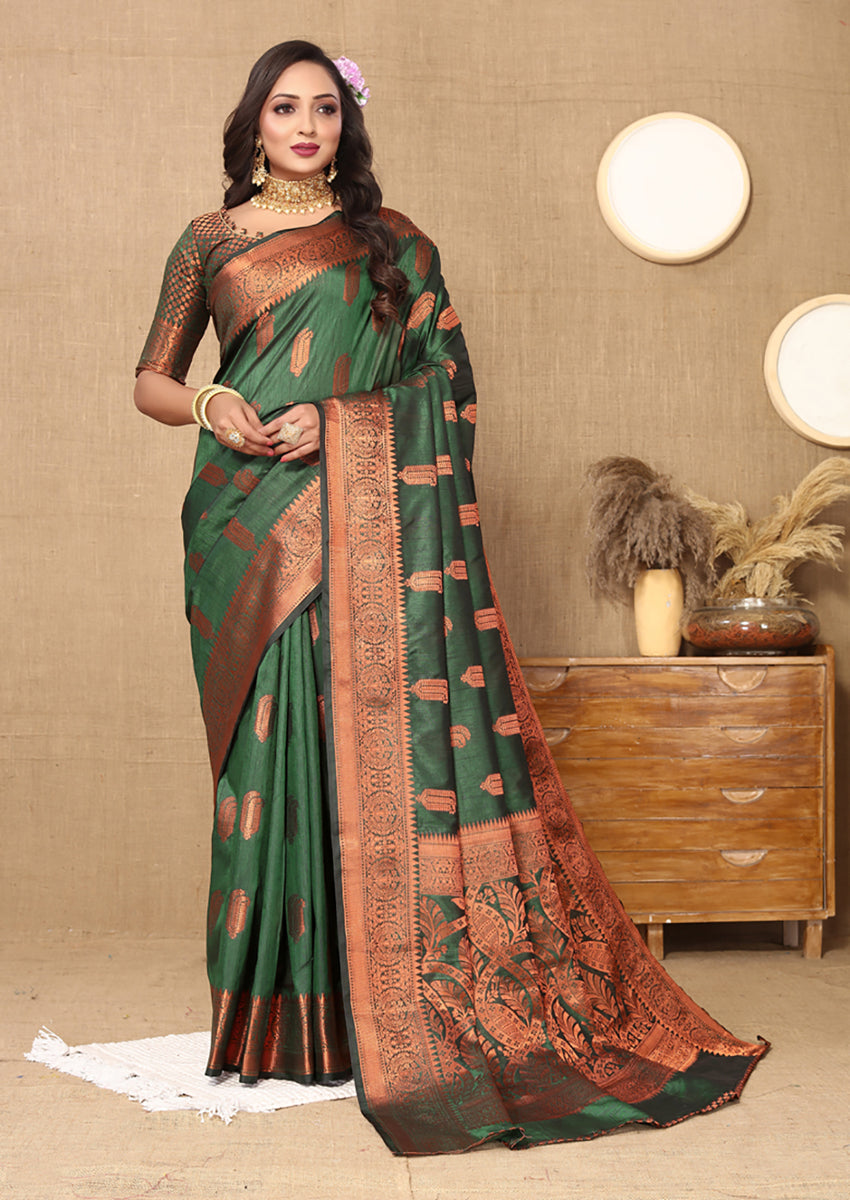 Lorenvalley Fashion Green Soft Katan Silk Woven Design Copper Zari Weaving Saree
